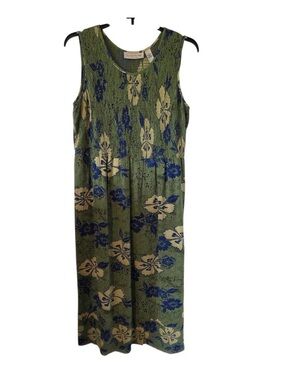 French Laundry Womens Floral Print Smocked Maxi Dress Size Large Green Hawaiian